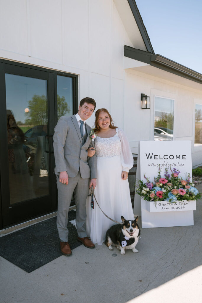 wedding sign with bride and groom and dog
